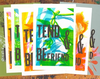 Cuida y hazte amigo (monoimpresión/risografía o serigrafía + tipografía)