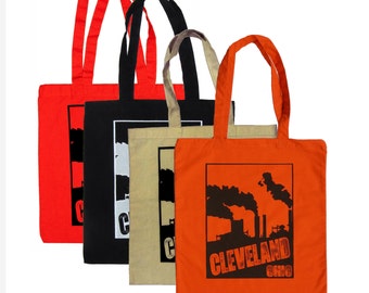 Cleveland Smokestacks Totes (on Orange, Natural Canvas, Black or Red)