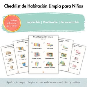 Könnte beinhalten: Eine Reihe von druckbaren Checklisten für die Reinigung von Kinderzimmern, mit Illustrationen von aufgeräumten Zimmern. Die Checklisten enthalten Kästchen für Aufgaben wie Bettenmachen und Aufräumen von Spielzeug. Der Text lautet "Checklist de Habitación Limpia para Niños".