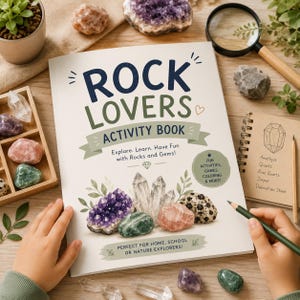 Puede incluir: Un libro de actividades "Rock Lovers" abierto, con el texto "Explore. Learn. Have Fun with Rocks and Gems!" sobre una superficie de madera. El libro presenta ilustraciones de cristales y gemas. Una mano sostiene un lápiz, con rocas y una lupa cerca.