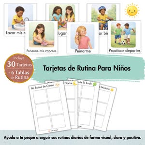 Puede incluir: Un conjunto de tarjetas de rutina para niños con ilustraciones de actividades diarias como lavarse las manos, jugar y peinarse. El conjunto incluye 30 tarjetas y 6 tablas de rutina, con texto en español. Las tarjetas están diseñadas para ayudar a los niños a seguir sus rutinas diarias.