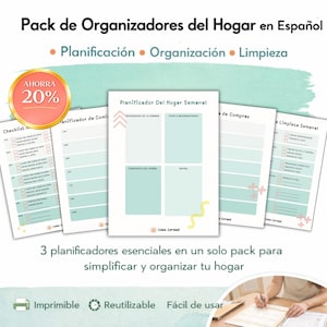 Puede incluir: Un pack de organizadores del hogar en español con el texto "Pack de Organizadores del Hogar en Español". El pack incluye un planificador semanal, una lista de compras y una lista de limpieza. También se ve el texto "AHORRA 20%".