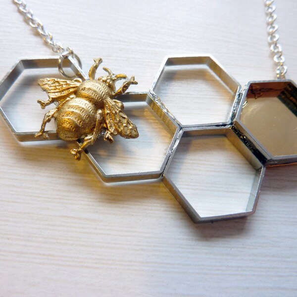 Honey Bee Necklace - Honeycomb Necklace with Bumble Bee by Weirdly Cute Jewelry