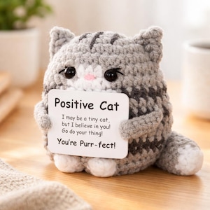 May include: A handmade grey crochet cat figure holding a white sign. The sign says "Positive Cat" with an inspirational message. The cat has black eyes, a white muzzle, and a striped pattern. It sits on a wooden surface.