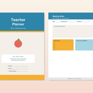 Può includere: Un'agenda per insegnanti con un'intestazione blu e il testo "Teacher Planner 2025-2026 School Year". La copertina presenta una grafica rossa e verde e spazio per le informazioni dell'insegnante. L'agenda include note di riunione e elementi d'azione.