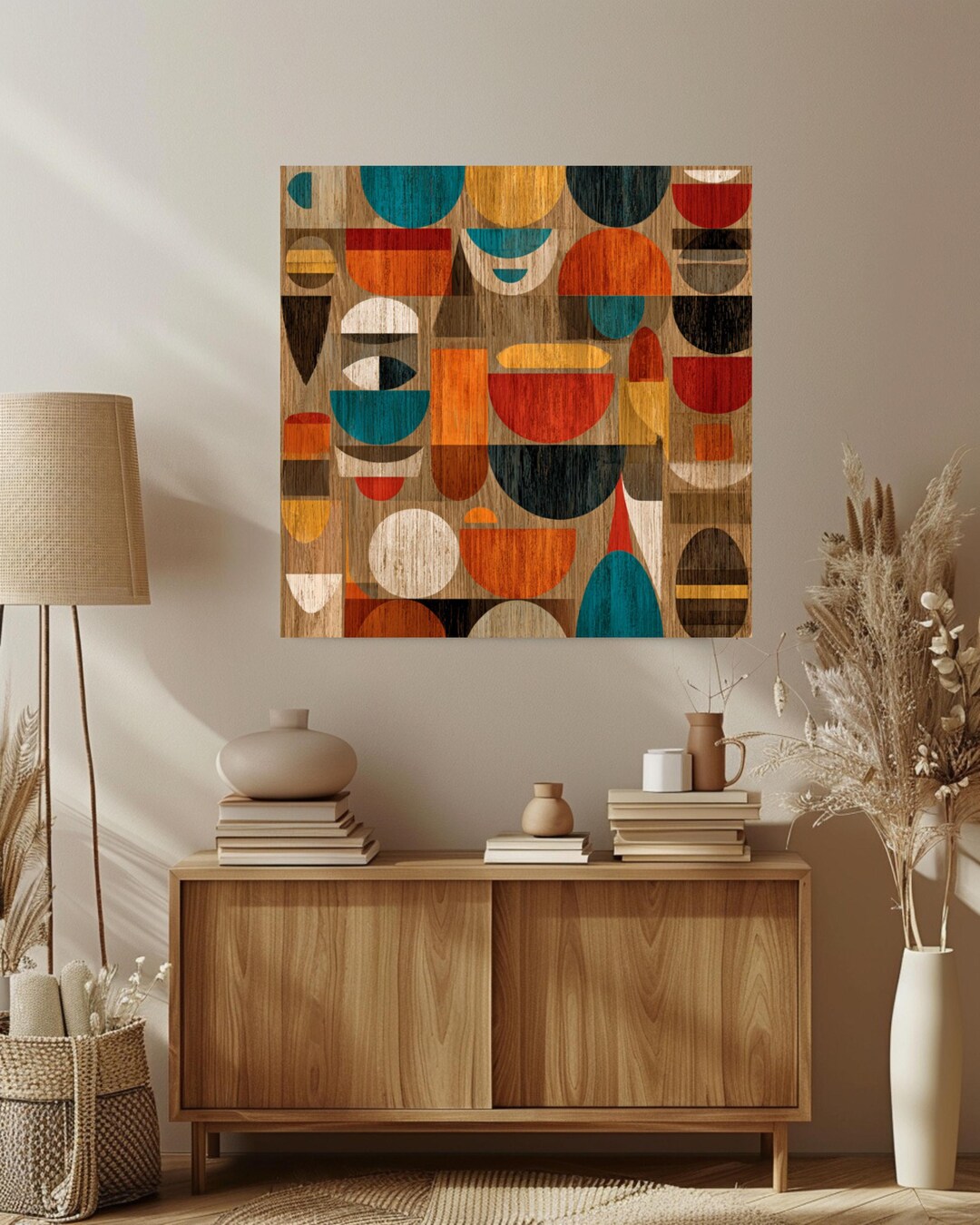 Mid Century Modern Geometric Wall Art Abstract Retro Shapes Print Wood ...
