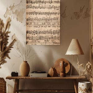 Op de afbeelding: Een ingelijste canvas print met oude bladmuziek. De zwarte muzieknoten staan op een beige achtergrond, wat een vintage uitstraling geeft. De print hangt aan de muur boven een houten bank met decoratieve items.
