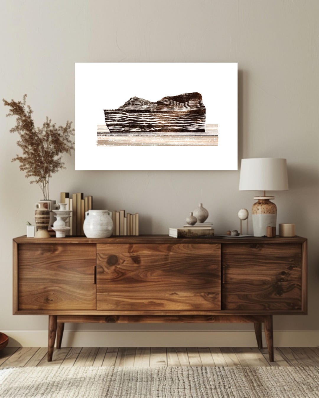 Abstract Block Print Landscape Wall Art Sepia Brown Neutral Textured ...