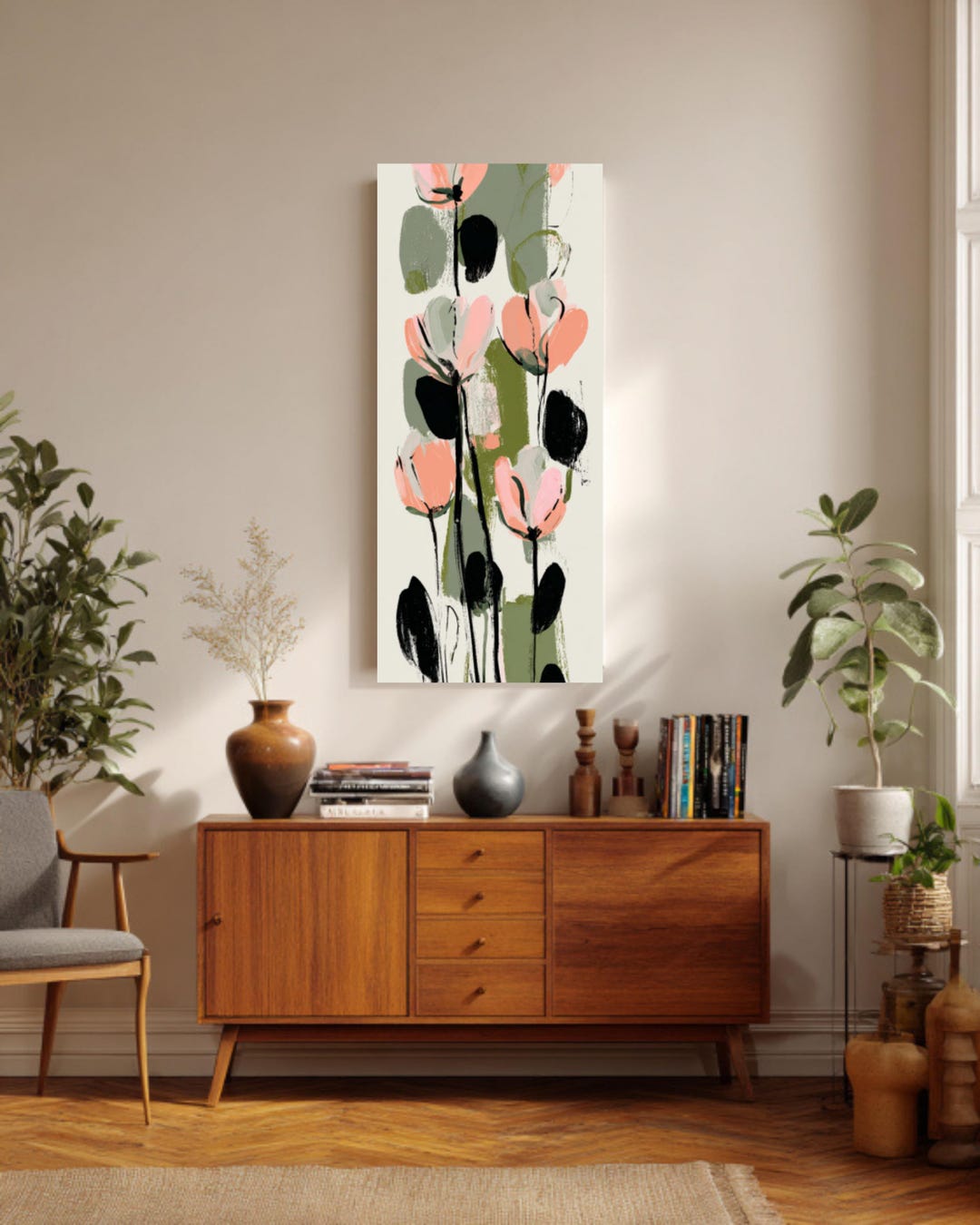 Abstract Tulip Canvas Wall Art, Sage Green and Peach Floral Print ...