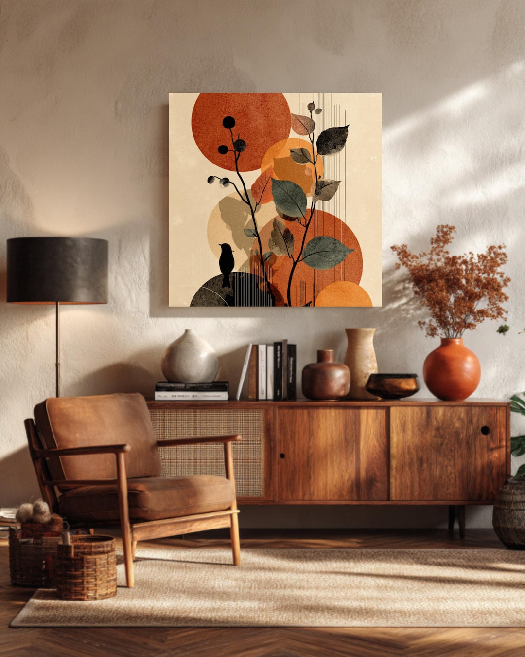 Mid Century Modern Botanical Canvas Wall Art Abstract Circle and Leaves ...