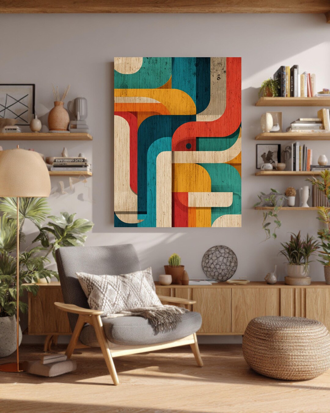 Retro Mid Century Modern Geometric Wall Art, Colorful Abstract Wood ...