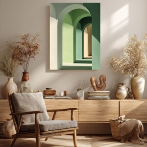 Minimalist Green Arches Wall Art Architectural Perspective Print Modern Sage Green Decor Shadow Play Poster Large Framed Gallery Artwork