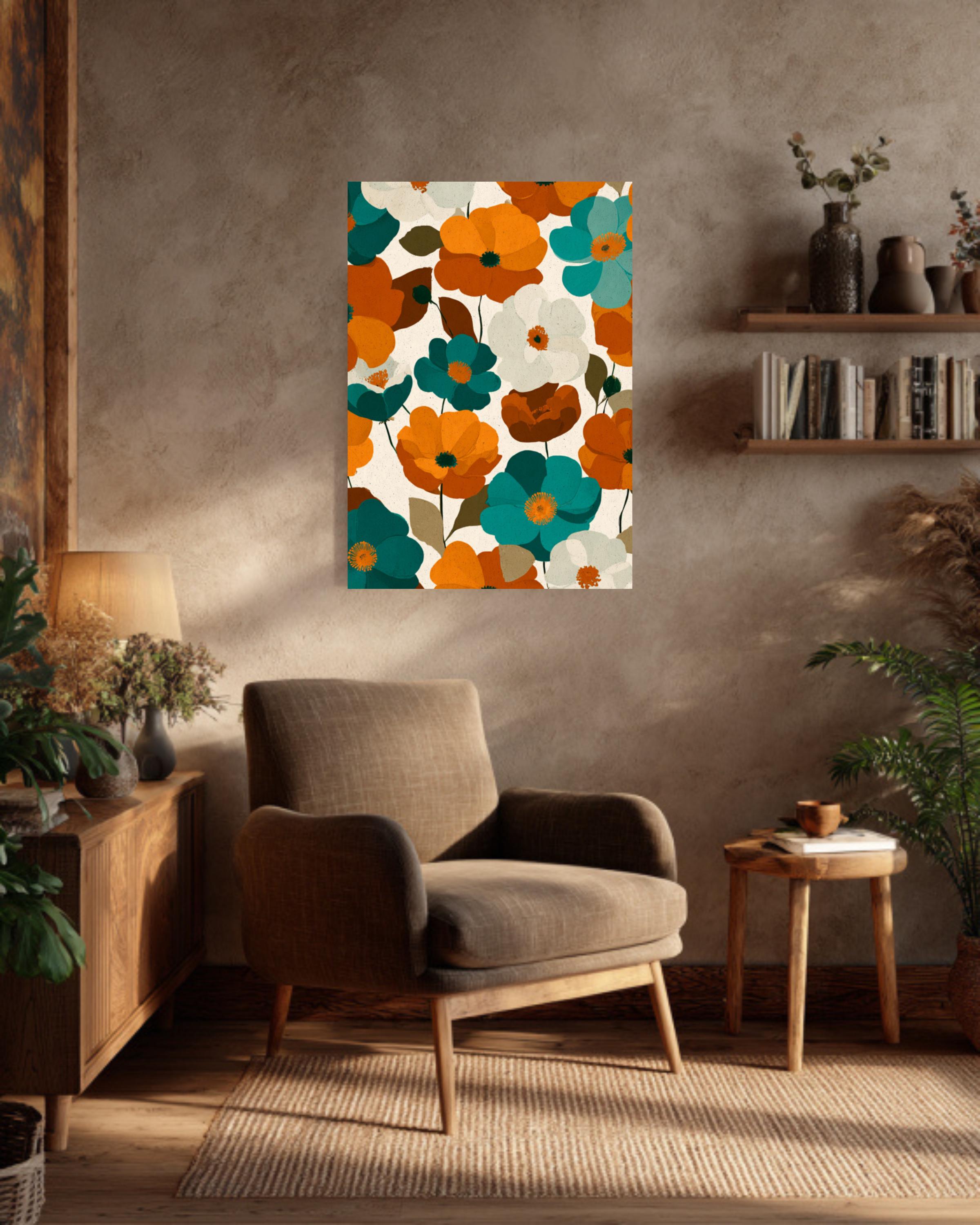 70s Retro Floral Canvas Art, Large Poppy Flower Wall Decor, Earthy