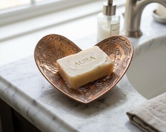 Messing Seifenschale unlackiert, handgeätztes Herz, Arbeitsplatte oder Dusche