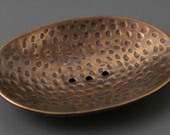 Hammered brass soap holder, antique finish, sink or bath dish with drains
