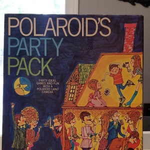May include: A vintage Polaroid Party Pack box with a colorful illustration of people having fun at a party. The box features the text "POLAROID'S PARTY PACK" and "PARTY IDEAS, GAMES AND FUN WITH A POLAROID LAND CAMERA."