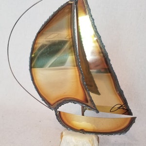 Vintage Retro Boho Mid Century MCM Signed Argentinian Artist Mario Jason Brass and Stone/Marble/Onyx Brutalist Sailboat Figurine/Sculpture