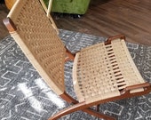 Vintage Retro Boho Mid Century MCM Hans J. Wegner Style Danish Yugoslavian Rope Folding Lounge Chair