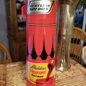 Vintage Retro Boho Mid Century MCM Cottagecore Farmhouse NOS Aladdin Vanguard Thermos &quot;The Rustless One&quot; Red Black Harlequin Diamond Pattern