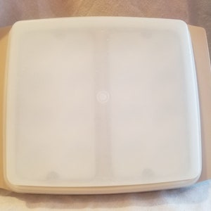 May include: A beige plastic serving tray with a removable lid. The tray has two compartments and is ideal for serving snacks or appetizers.
