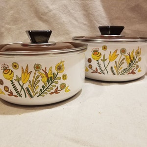 Vintage Retro Boho Mid Century MCM Farmhouse Kitchen Set of 2 Enamel Floral Butterfly Sauce Pans Pots with Brown Handles/Lids/Square Knobs