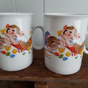 Vintage Retro Boho Mid Century Set of 2 Epiag Czechoslovakia Easter Colorful Porcelain Children with Chicks and Easter Eggs Cups/Mugs
