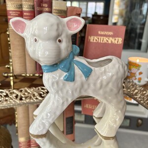 Vintage Ceramic Lamb Planter: Retro MCM Sheep Pottery with Blue Bow