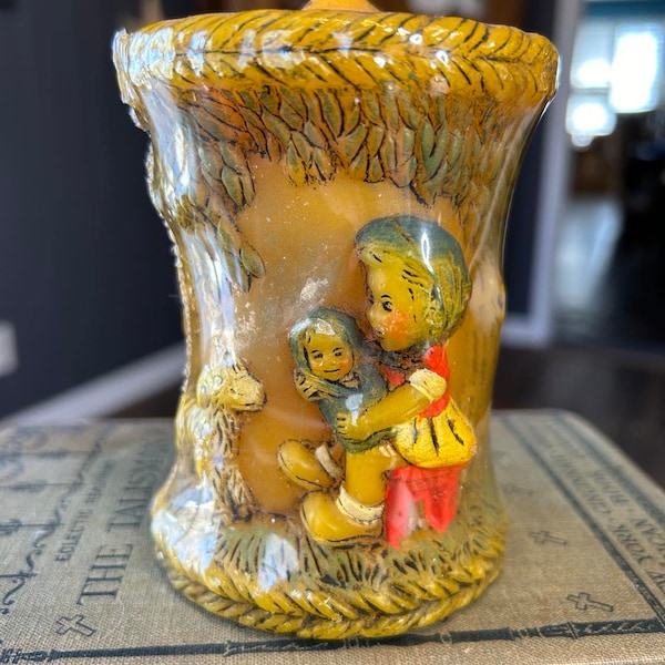 Vintage Retro Boho 1978 Hand Painted Alpine Originals Carved Candle NOS Still in Packaging - Little Girl with Baby Doll, Cradle, Lamb/Sheep