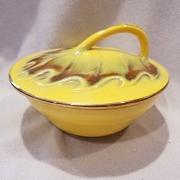 Vintage Retro Boho Mid Century MCM California USA Pottery Yellow, Green, Brown and Gold Leaf Bowl Dish with Lid