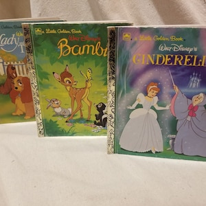 Vintage Retro Boho Mid Century Set of 3 Little Golden Books Walt Disney Lady and the Tramp, Bambi, Cinderella 1980s