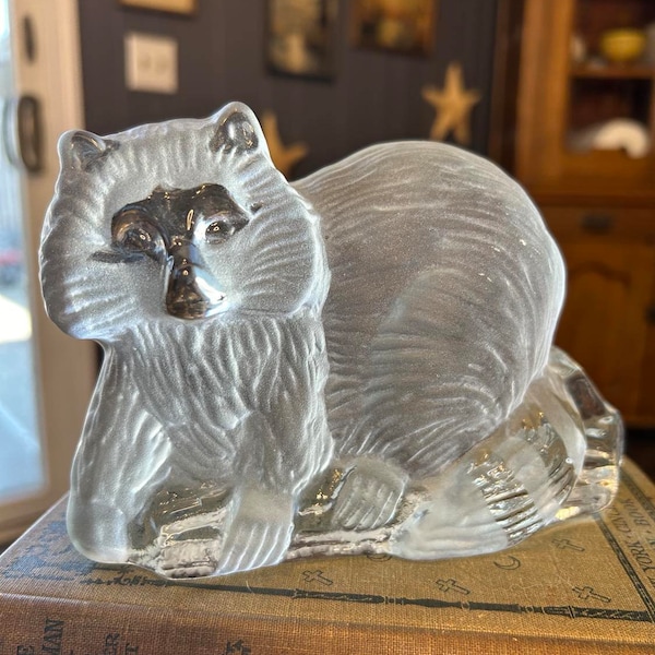 Vintage Retro MCM Clear Frosted Etched Heavy Viking Glass Raccoon Animal Shelf Sitter/Figurine/Paperweight Home Decor