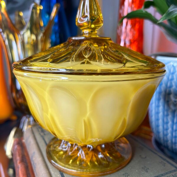 Vintage Retro Boho MCM Honey Amber Indiana Glass Lidded Pedestal Candy Dish Hand Poured Coconut Soy Blend Candle