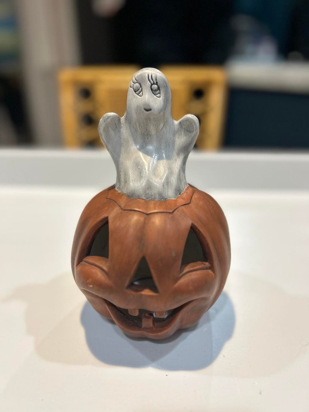 Vintage Ceramic Hobbyist Hand Painted Smiling Jackolantern With White