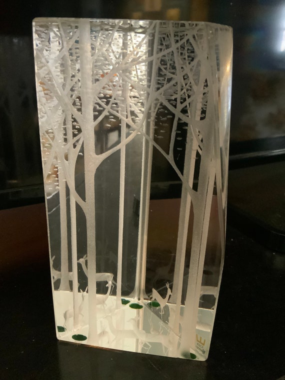 Vintage Kosta Boda Triangular Crystal Prism Winter Scene