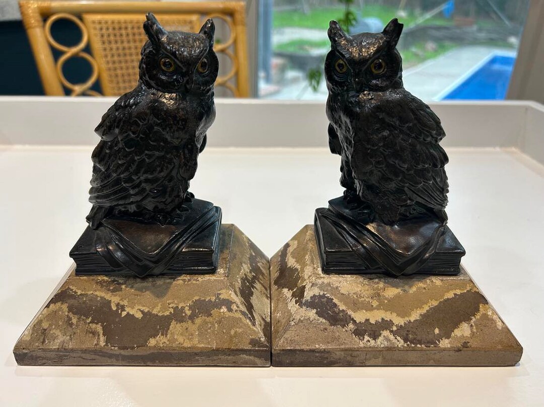 Antique Cold Painted Bronze Owls With Glass Eyes Bookends Mounted on ... - Marble Scandinavian Owl Decor