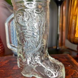 Vintage Retro Boho Clear Anchor Hocking Western Cowboy Boot Drinking Glass, Mug, Stein | Barware | 6" Fancy Cowgirl Drinking Glass