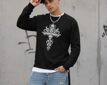Gothic Ornamental Cross Sweatshirt - Unisex Black Streetwear, Tattoo Inspired Design. Designed by Vitaem