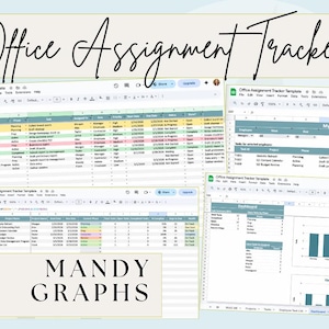 Puede incluir: Una plantilla digital de seguimiento de asignaciones de oficina con múltiples hojas de cálculo. Las hojas de cálculo muestran datos en filas y columnas, con celdas codificadas por colores. El texto "Office Assignment Tracker" y "MANDY GRAPHS" son visibles.
