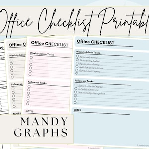 Könnte beinhalten: Eine Reihe von druckbaren Büro-Checklisten mit dem Text "Office Checklist Printable" in Schreibschrift. Die Checklisten enthalten Abschnitte für wöchentliche Verwaltungs- und Nachverfolgungsaufgaben mit Kontrollkästchen. Der untere Teil des Bildes zeigt den Text "Mandy Graphs".