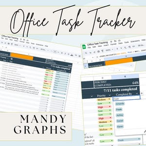 Puede incluir: Un rastreador digital de tareas de oficina que se muestra en una pantalla de ordenador. La hoja de cálculo muestra los porcentajes de finalización de tareas, las prioridades y las personas asignadas. También se ve el texto "Office Task Tracker" y "Mandy Graphs".