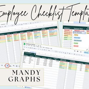 May include: A digital employee checklist template displayed on a computer screen. The spreadsheet includes columns for employee information, payroll, and birthday details. The text "Employee Checklist Template" and "MANDY GRAPHS" are visible.