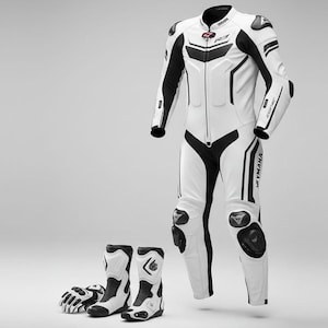 May include: A white and black motorcycle racing suit, boots, and gloves. The suit has black detailing on the shoulders, arms, and legs, with the Yamaha logo on the leg. The boots and gloves are also white and black.