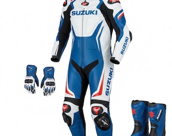 Puede incluir: Un mono de carreras de moto Suzuki blanco, azul y negro con guantes y botas a juego. El traje presenta el logotipo de Suzuki y detalles en rojo. Los guantes y las botas son azules con detalles en blanco y negro.