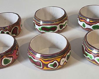 Vintage Colorful Marbled Napkin Rings Set of 6 – Unmarked Glazed Boho Folk Art Table Decor