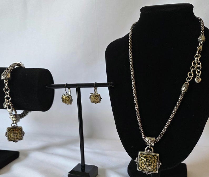 Brighton Two Tone Jewelry Set Necklace Bracelet Earrings Filigree Charm image 2
