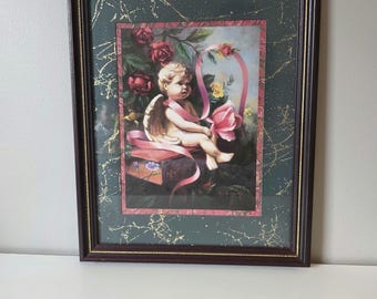 Vintage Cherub Angel Framed Wall Art Print Roses Ribbon Romantic Victorian Decor