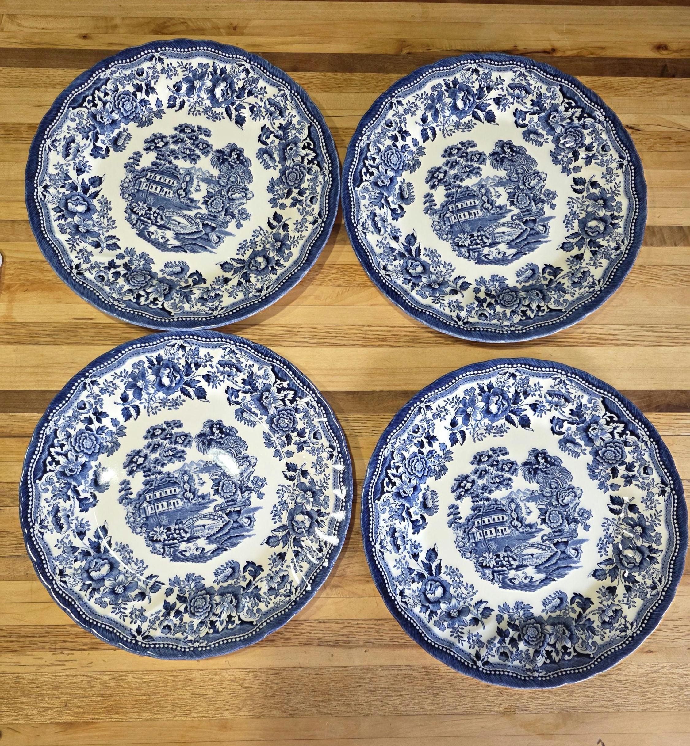 Set of 4 Blue and White Transferware Plates Floral & Scenic Pattern ...