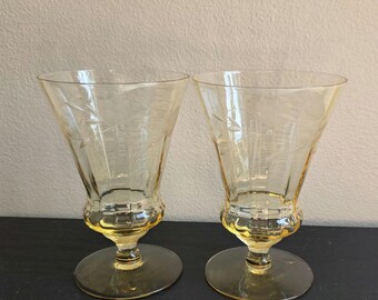 Vintage Set of 2 Topaz Yellow Etched Floral Footed Goblets Stemware Glasses