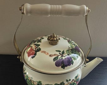 Vintage Tabletops Unlimited Kensington Garden Tea Kettle Fruit Pattern Enamel Teapot