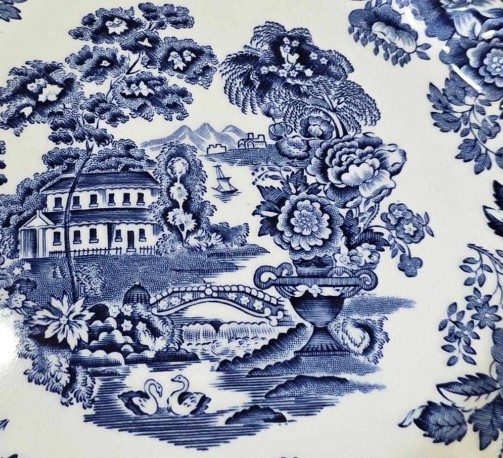 Set of 4 Blue and White Transferware Plates Floral & Scenic Pattern ...
